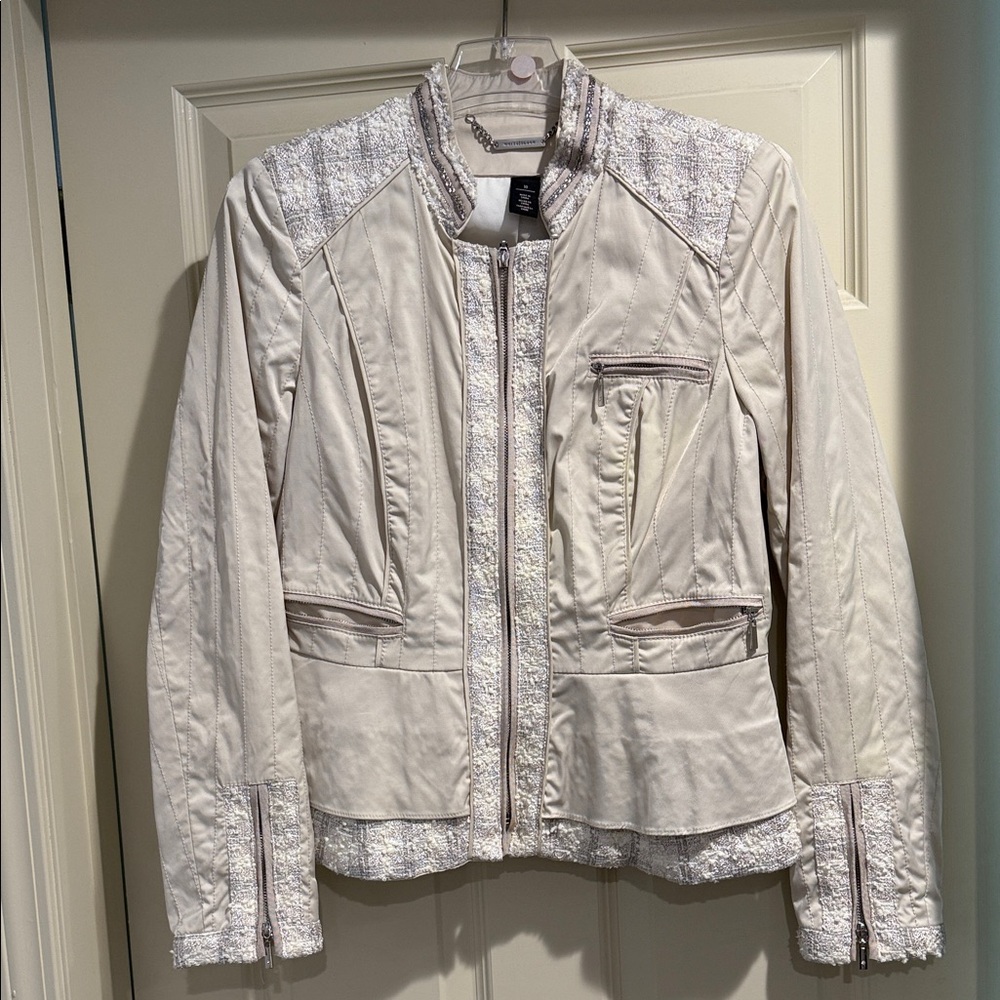 Elegant White HouseBlack Market Women's Jacket with Silver and Tweed Detail